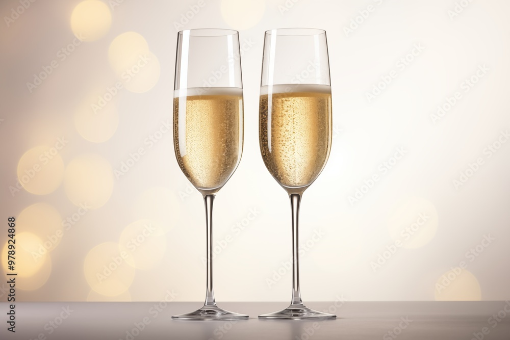 Photorealistic image of two champagne glasses filled with sparkling wine, set against a soft golden bokeh background, symbolizing celebration and elegance Photorealistic image of two champagne glasses filled with sparkling wine, set against a soft golden bokeh background, symbolizing celebration and elegance