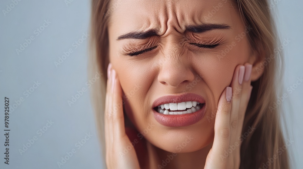Fototapeta premium Young woman suffering from strong toothache, touching cheek with hand