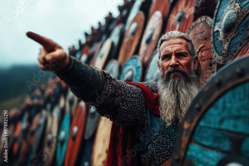 A bearded man wearing intricate medieval armor stands against a backdrop of colorful shields, pointing decisively forward, exuding authority and leadership in era style. photo