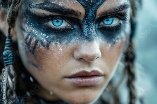 Viking woman wearing fur posing outside photo