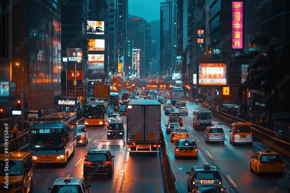 A bustling city street filled with vehicles and neon signs during twilight. A bustling city street filled with vehicles and neon signs during twilight.