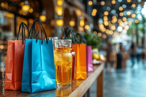 A row of colorful shopping bags placed on a wooden counter in a stylish indoor retail space. 