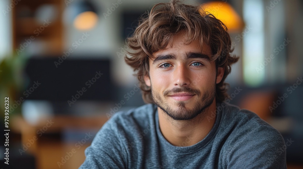 Portrait of a handsome young man with blue eyes smiling at home Portrait of a handsome young man with blue eyes smiling at home