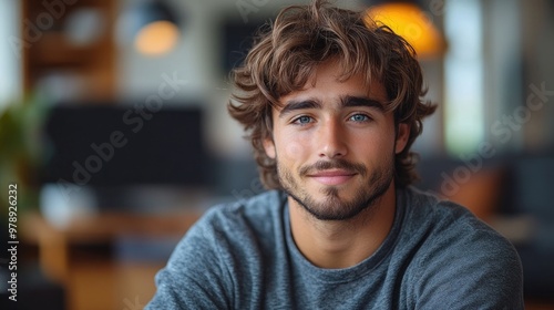 Portrait of a handsome young man with blue eyes smiling at home