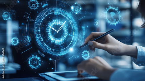 Wallpaper Mural Businessman holding a virtual digital clock and work time management icon. Business project planning. Strategic business success. Time is money. Work planning increases efficiency. Business future Torontodigital.ca