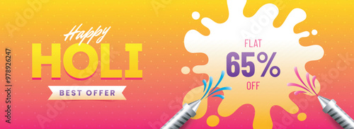 Holi banner or poster design with 65% discount offer and color gun illustration on orange background.