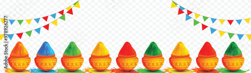 Vector illustration of earthen pots full of colors on transparent background for holi festival celebration header or banner design.