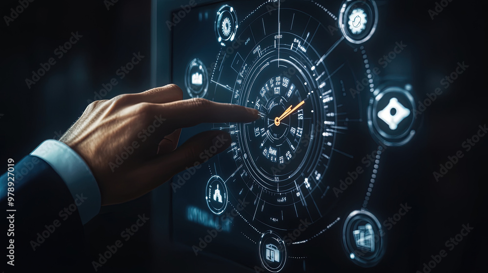 Businessman holding a virtual digital clock and work time management icon. Business project planning. Strategic business success. Time is money. Work planning increases efficiency. Business future Businessman holding a virtual digital clock and work time management icon. Business project planning. Strategic business success. Time is money. Work planning increases efficiency. Business future