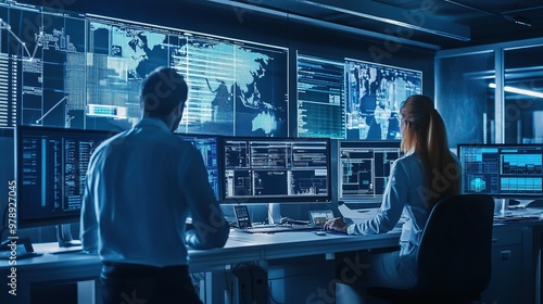 Engineers monitoring automated systems in a cutting-edge industrial factory