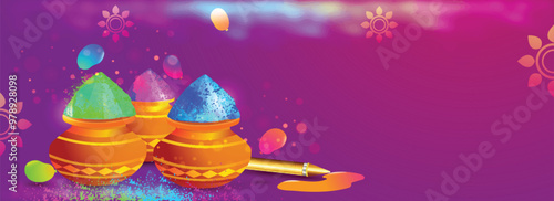 Indian festival of colors celebration header or banner design with illustration of color earthen pots on purple background.
