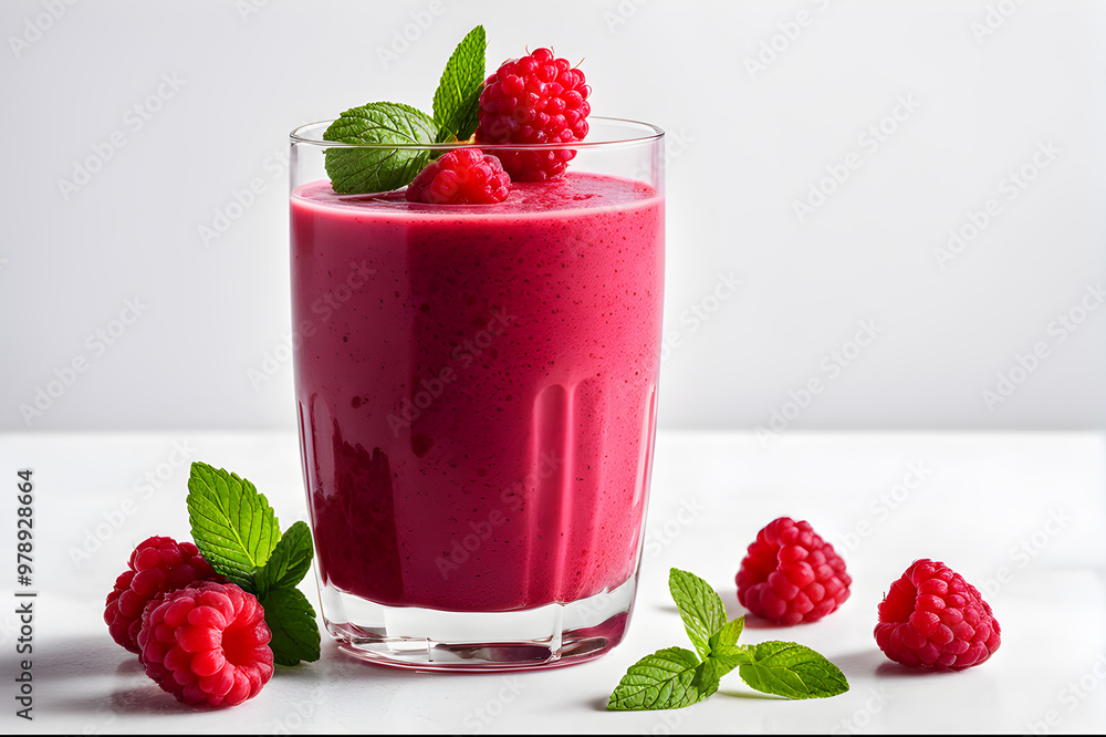 Raspberry smoothie in a glass with fresh berries on a white background. Raspberry smoothie in a glass with fresh berries on a white background.