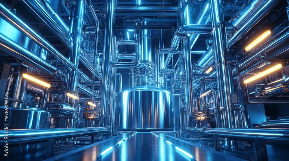 Obraz premium Futuristic chemical plant, stainless steel tank surrounded by holographic pipes, AI-assisted machinery, glowing lines, low-angle view