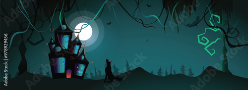 Dark, Full Moon Night header or banner design with hunted home and yelling wolf for Halloween festival concept.