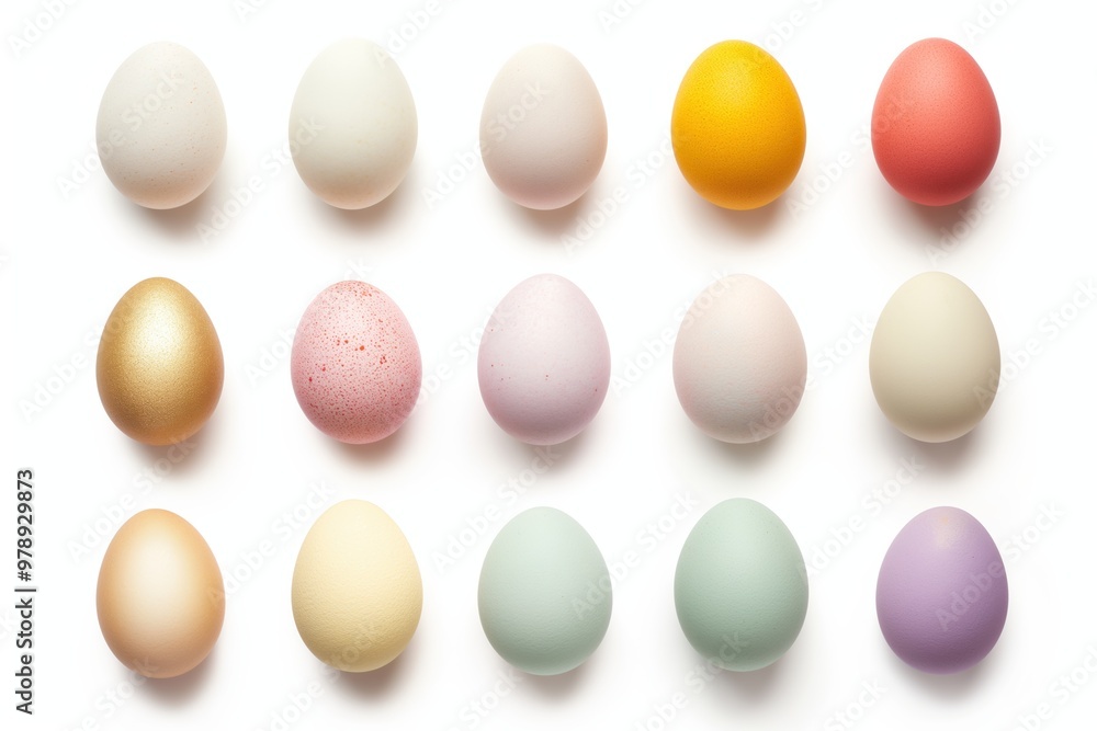Set of pastel-colored eggs displayed in a neat grid on a white background, showcasing a variety of soft tones Set of pastel-colored eggs displayed in a neat grid on a white background, showcasing a variety of soft tones