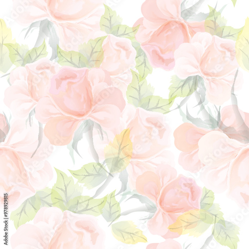 Seamless rose floral pattern background with water color effect.