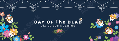 Mexican festival Day Of The Dead header or banner design decorated with colorful flower and sugar skulls for celebration concept.