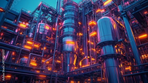 High-tech chemical plant scene, featuring a large stainless steel tank with colorful, intricately woven pipes, glowing under bright industrial lights