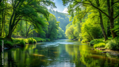 Serene river flowing through lush green forest, river, calm, tranquil, water, nature, trees, greenery, peaceful