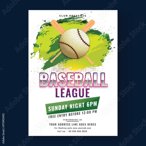 Baseball league poster or flyer design with date, time and venue details on blue background.