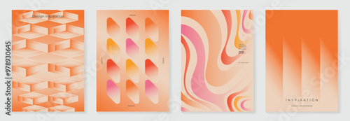 Collection of 70s color gradient poster background vector. Set of retro wall decoration, groovy, trippy, geometric shape. Vintage hippie wall art for interior, decorative, banner, cover, card.