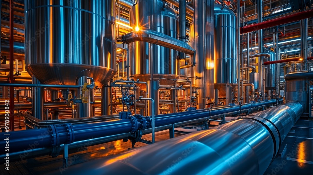 Industrial stainless steel tank in a chemical plant, with vibrant blue and red pipes coiling around it, capturing the sleek metallic textures and industrial design Industrial stainless steel tank in a chemical plant, with vibrant blue and red pipes coiling around it, capturing the sleek metallic textures and industrial design