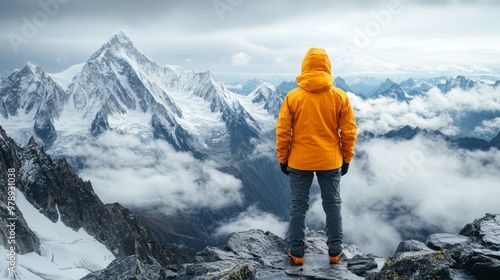 Wide shot of hiker in the mountains. Standing in the distance with his back turned away from us, overlooking vast snow-covered mountain range.	

