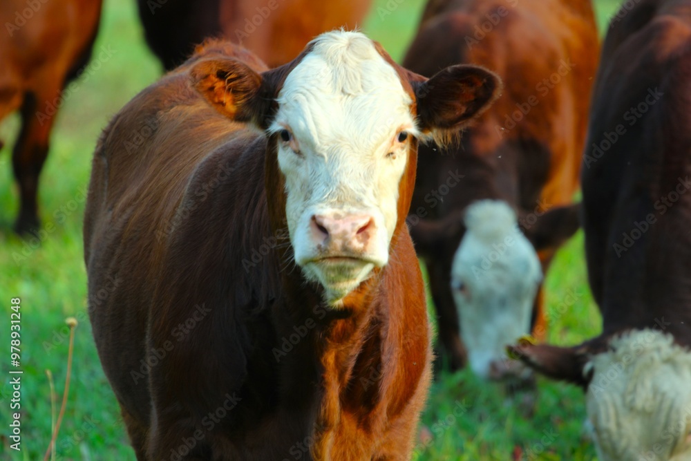 a young Hereford heifer in the pasture with several other cows in the background a young Hereford heifer in the pasture with several other cows in the background