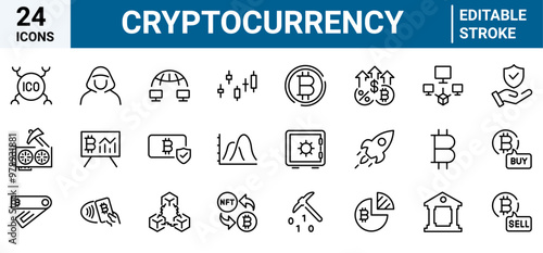 Cryptocurrency economy web icons collection. Blockchain package. Bitcoin, NFT, Vector illustration. Outline icon. Editable stroke.