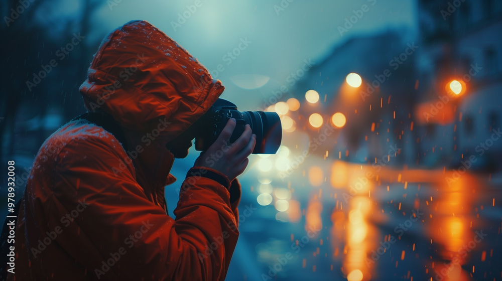 Person capturing rainy street scenes at night Person capturing rainy street scenes at night