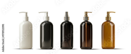 Vector illustration of various pump and spray bottles in black, white, and amber colors. Ideal for product design, cosmetics, and packaging presentations. Realistic 3D Pump Bottles.