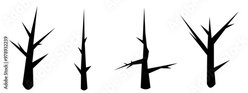 Bare trees silhouettes set. Vector illustration wood collection. Dead tree abstract isolated.