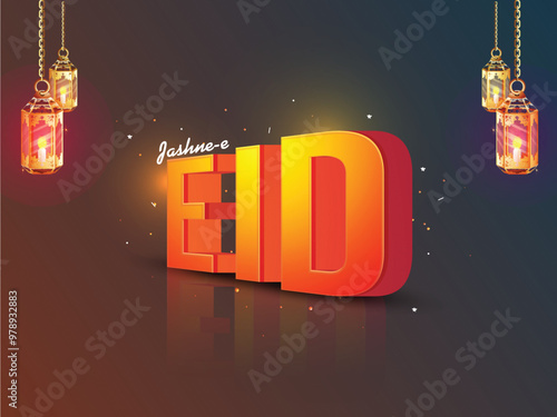 3D text Eid with illuminated lanterns.