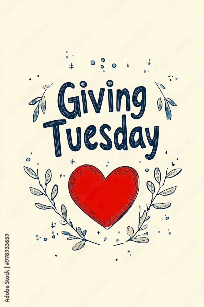 Obraz premium text Giving Tuesday and red heart in center surrounded by thin branches with leaves against light background. non-profit, giving back, charity event, event invitation, social good campaign concept