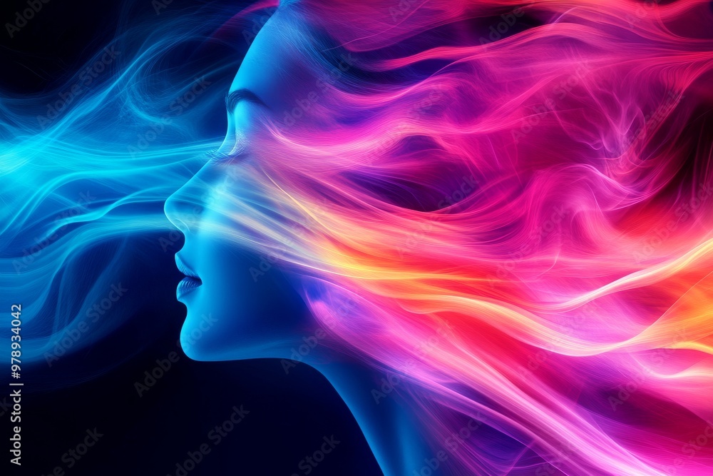 Futuristic portrait of a woman with neon blue and pink light flowing across her face symbolizing energy movement and the vibrant pulse of life in a modern digital world Futuristic portrait of a woman with neon blue and pink light flowing across her face symbolizing energy movement and the vibrant pulse of life in a modern digital world