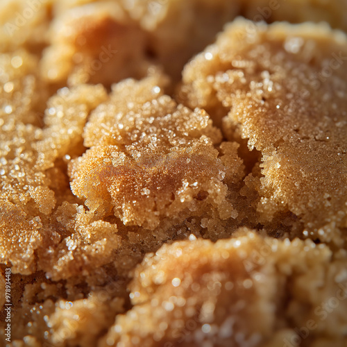 Close-up of a crumbled brown sugar texture, showcasing the fine granules and rough surface.