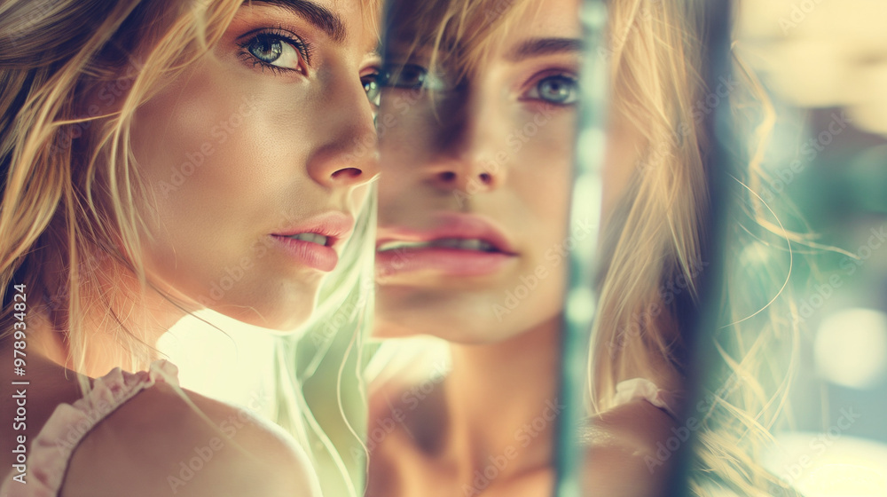 A woman gazes at her distorted reflection in the mirror. Body dysmorphia concept. A woman gazes at her distorted reflection in the mirror. Body dysmorphia concept.