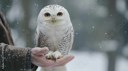 A white owl perched on the arm of a trainer, with the trainer’s hand gently supporting it photo