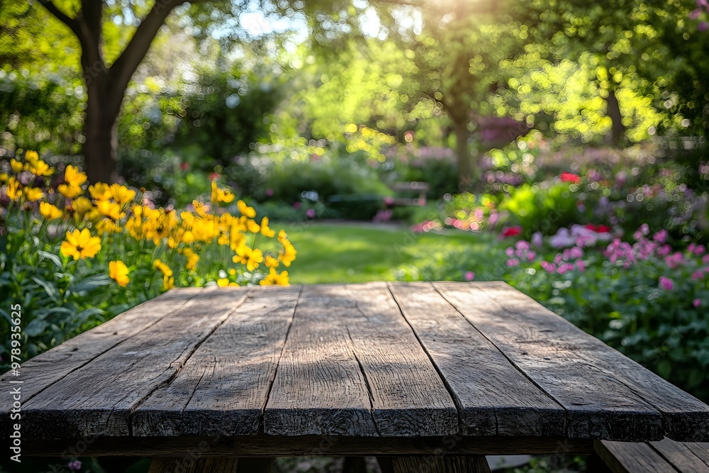 Fototapeta premium Wooden Table in Blooming Spring Garden Offering Peaceful Scenic View