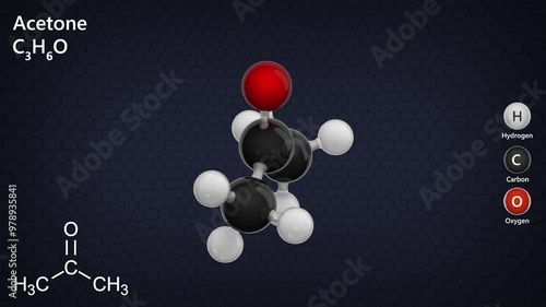 Acetone molecule C3H6O, with a color code. Acetone is a colorless liquid with smell, flammable and dissolves in water. It is used as a raw material for the synthesis of important chemical products. photo