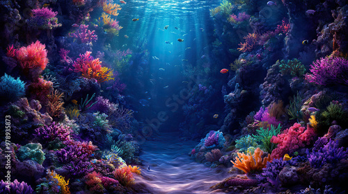 A vibrant, pixelated underwater cave filled with colorful, glowing coral formations, creating a surreal and digitally inspired oceanic scene.
 photo