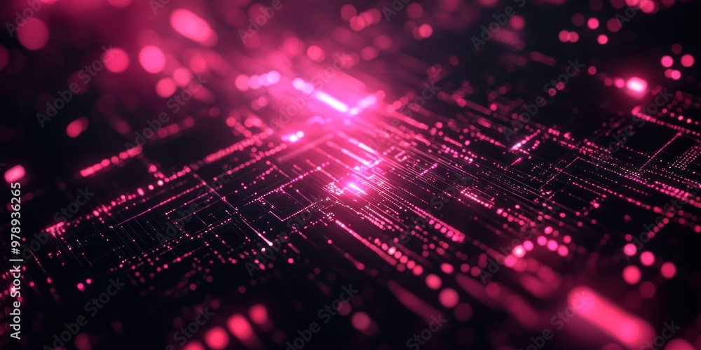 Abstract Digital Circuit Board with Glowing Pink Lines and Lights Abstract Digital Circuit Board with Glowing Pink Lines and Lights