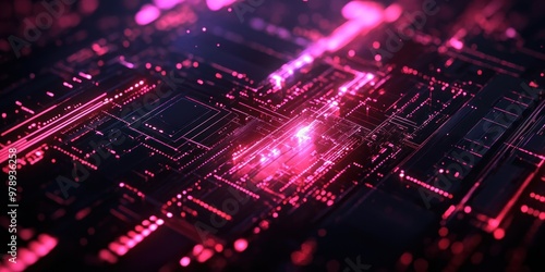 Abstract Digital Circuit Board with Pink Glowing Lines