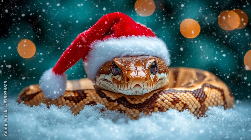 Festive Ball Python in Santa Hat on Snowy Background, Christmas 2025, Year of the Snake Festive Ball Python in Santa Hat on Snowy Background, Christmas 2025, Year of the Snake