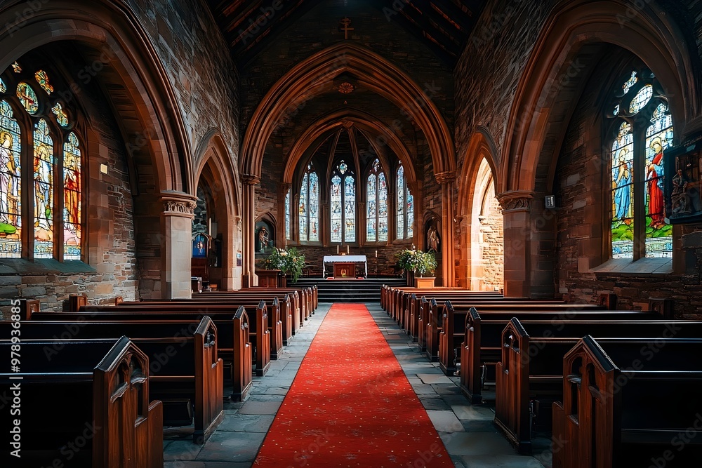 Fototapeta premium Magnificent Gothic Interior of a Venerated Church with Stained Glass Windows and Pews