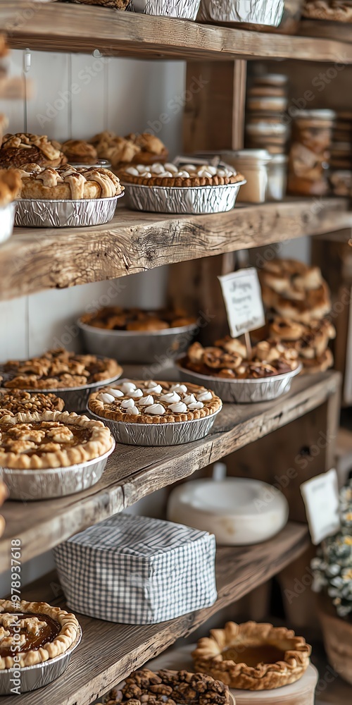 Assortment of pies on wooden shelves in bakery. Assortment of pies on wooden shelves in bakery.