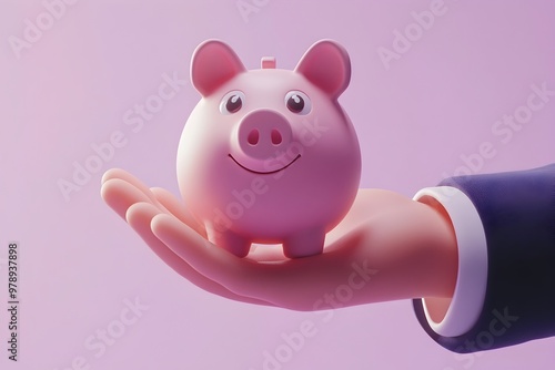 3D Cartoon Businessman s Hand Holding Piggy Bank Against Purple Background photo