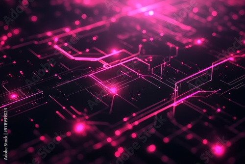 Abstract Pink Circuit Board with Glowing Lines and Nodes