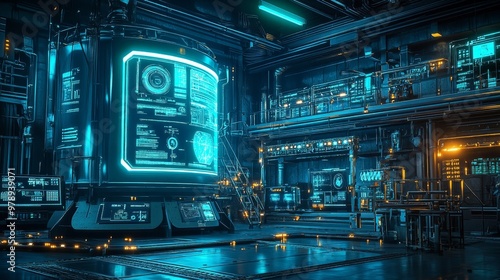 Mining site with a futuristic stainless steel fuel tank, illuminated by holographic displays showing fuel levels, AI-controlled machinery, night scene, neon blue and green accents