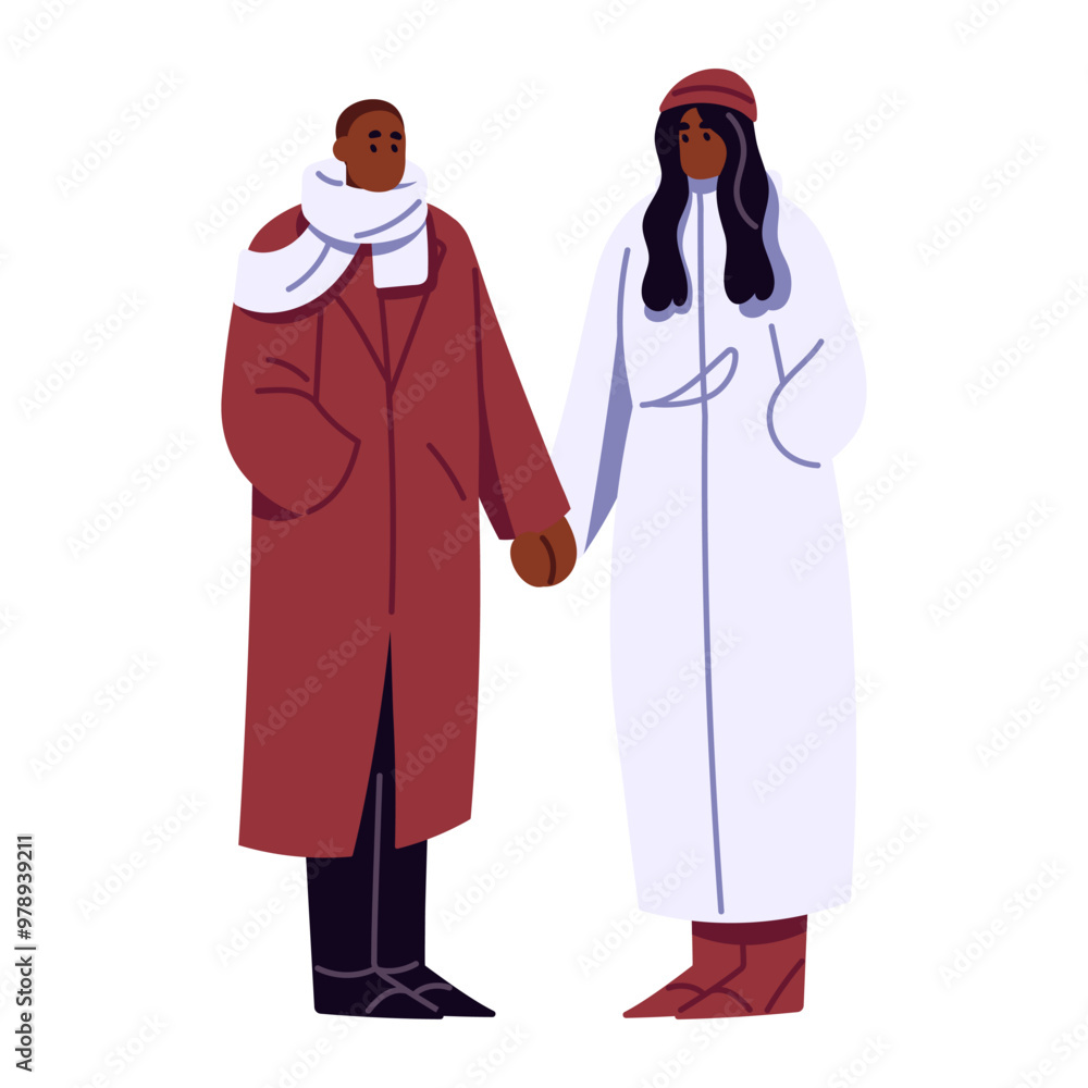 Cute black couple in outerwear holds hands in romantic date in winter. Boyfriend and girlfriend in coats walk outdoor together. Boy and girl love each other. Flat isolated vector illustration on white Cute black couple in outerwear holds hands in romantic date in winter. Boyfriend and girlfriend in coats walk outdoor together. Boy and girl love each other. Flat isolated vector illustration on white