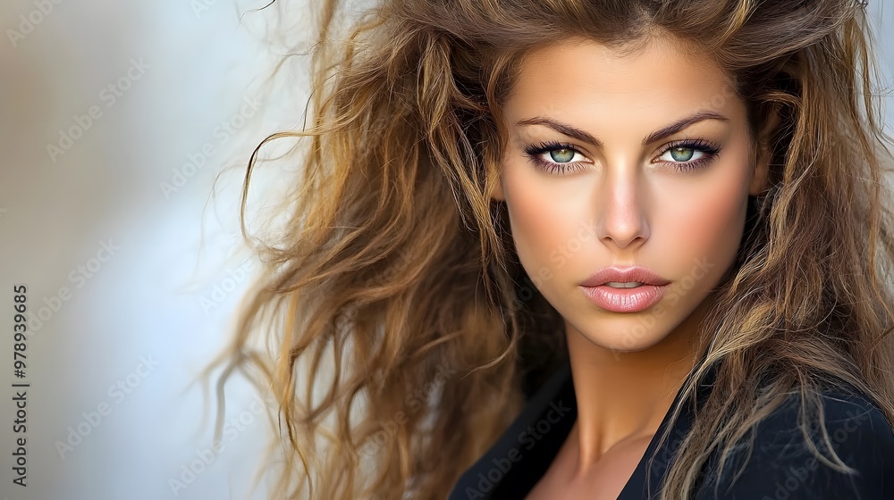 Striking portrait of a woman with intense gaze and windblown hair in natural light Striking portrait of a woman with intense gaze and windblown hair in natural light
